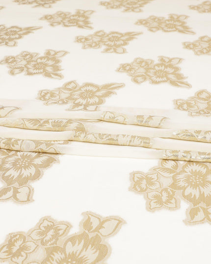 قماش شيفون صناعي بيج فاتح لوركس معدني ذهبي بتصميم زهور-D8958