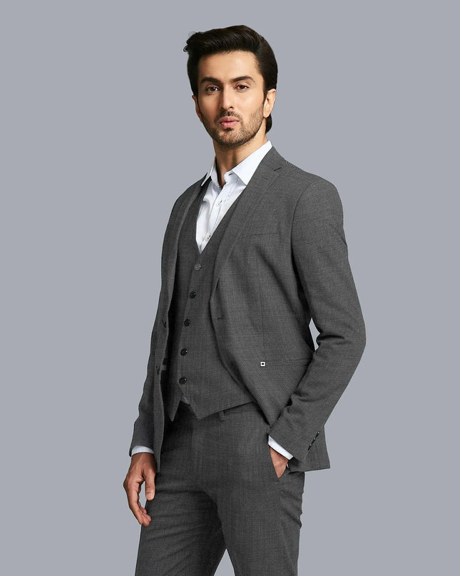 Fossil grey Premium super 130's Australian superfine merino wool suiting fabric with black self design-D11440 Regal Fabrics