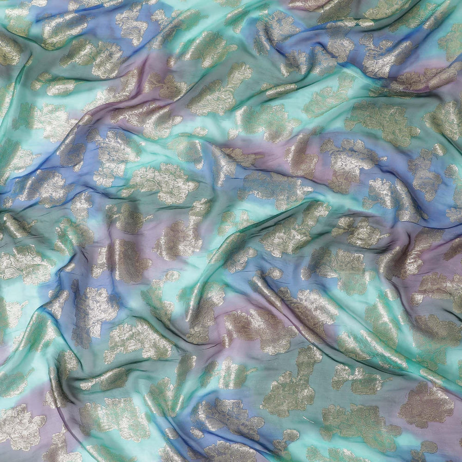 قماش شيفون حريري فرنسي (فرنساوي) فاخر متعدد الألوان مع لوركس معدني ذهبي بتصميم زهور-D14008
