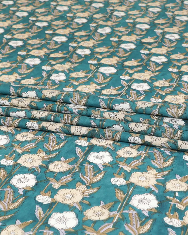 Sea green cotton lawn fabric with beige, black and off white print in floral design-D8439 Regal Fabrics