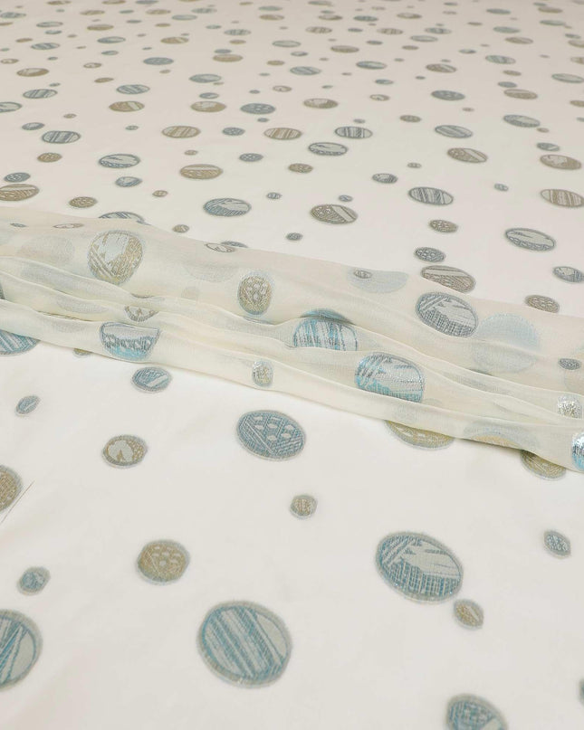 Ivory Premium pure silk chiffon fabric with blue and gold metallic lurex in geometric design-D9115