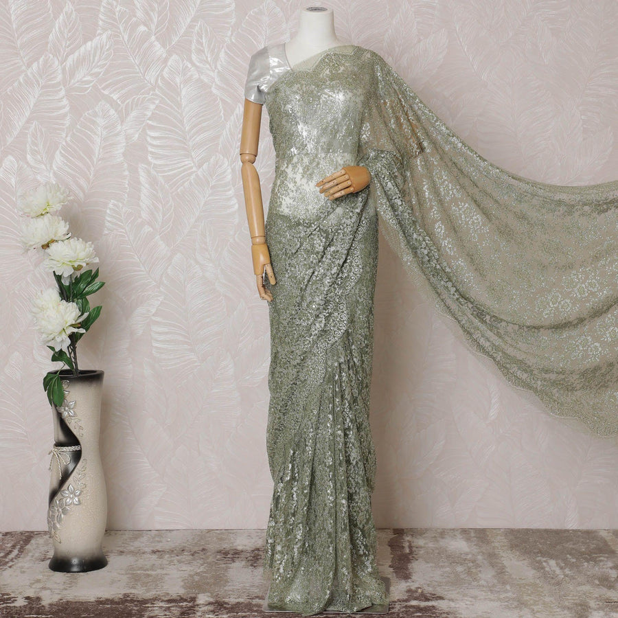 Mehindi green, silver Premium pure French metallic chantilly lace saree having stone work in floral design-D14586
