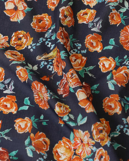 Navy blue Premium Spanish 100% cotton lawn fabric with sea green, peach and white print in floral design-D9238