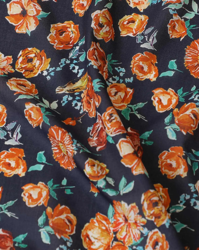 Navy blue Premium Spanish 100% cotton lawn fabric with sea green, peach and white print in floral design-D9238 Regal Fabrics