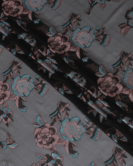 قماش شيفون من الحرير الخالص باللون الأسود مع لوريكس معدني أزرق ونحاسي بتصميم زهور -D13730