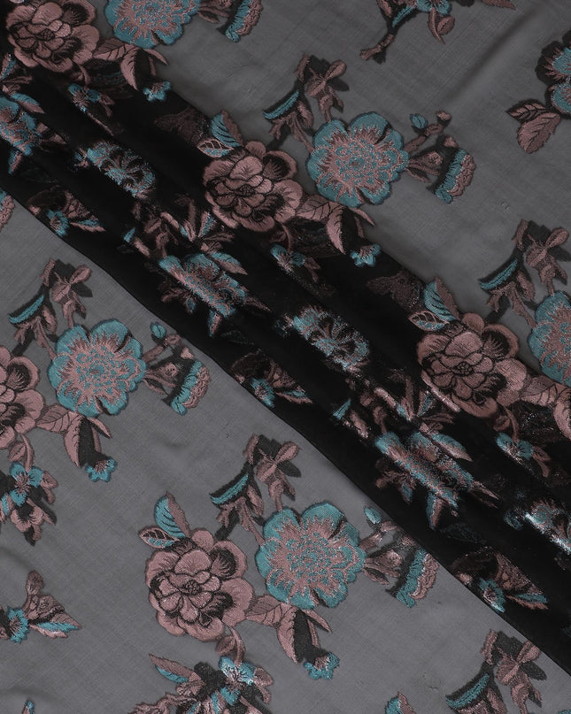 Black premium pure silk chiffon fabric with copper and blue metallic lurex in floral design-D13730