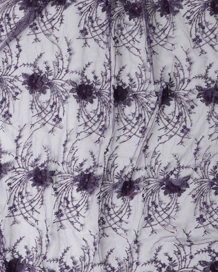 Dark purple nylon tulle fabric with same tone embroidery and beads in fancy design