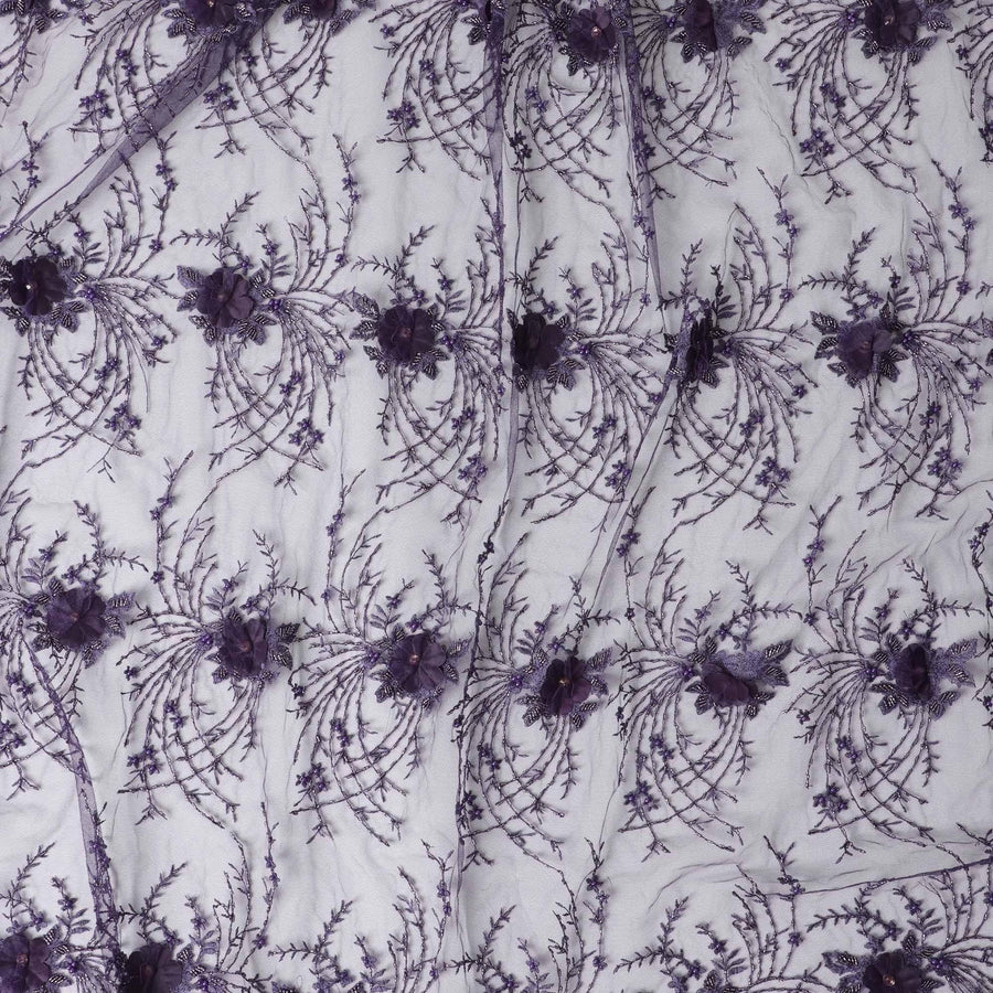 Dark purple nylon tulle fabric with same tone embroidery and beads in fancy design