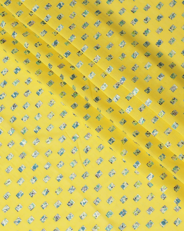 Sun flower yellow premium Swiss cotton voile thobe with teal blue and forest green clip cord design-D11632