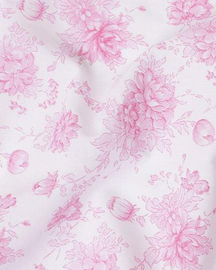 White cotton voile fabric with baby pink print in floral design-D15052