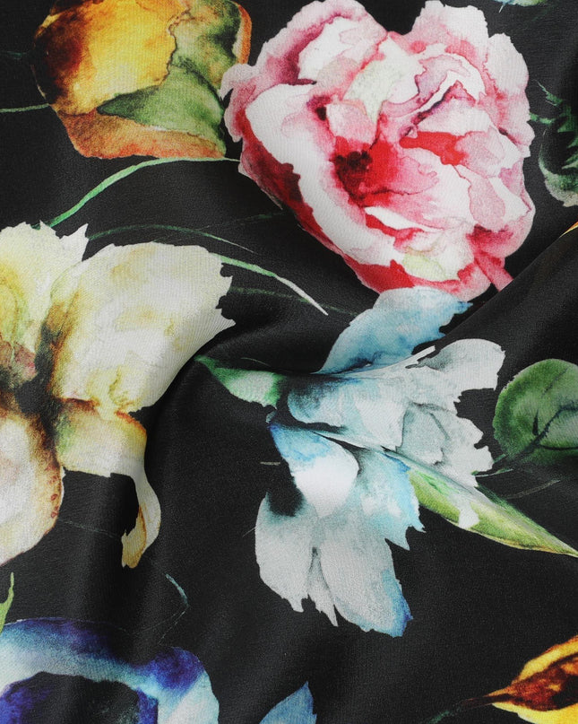 Black viscose fabric with multicolor print in floral design-D12257