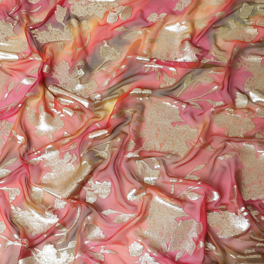 شيفون من الحرير الخالص متعدد الألوان مع لوريكس معدني ذهبي بتصميم الأزهار-D11377