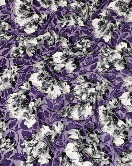 Purple Premium Italian silk chiffon dirac (makmal) fabric with black and white print having same tone velvet jacquard in floral design-D8686 Regal Fabrics