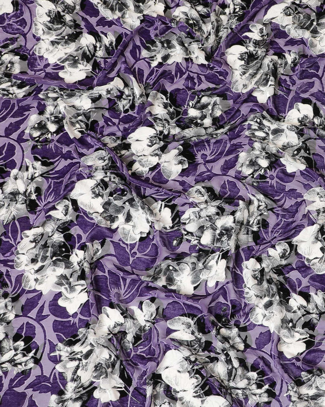قماش ديراك (مكمل) من الحرير الإيطالي الفاخر باللون الأرجواني مع طباعة بالأبيض والأسود مع جاكار مخملي بنفس اللون بتصميم الأزهار-D8686