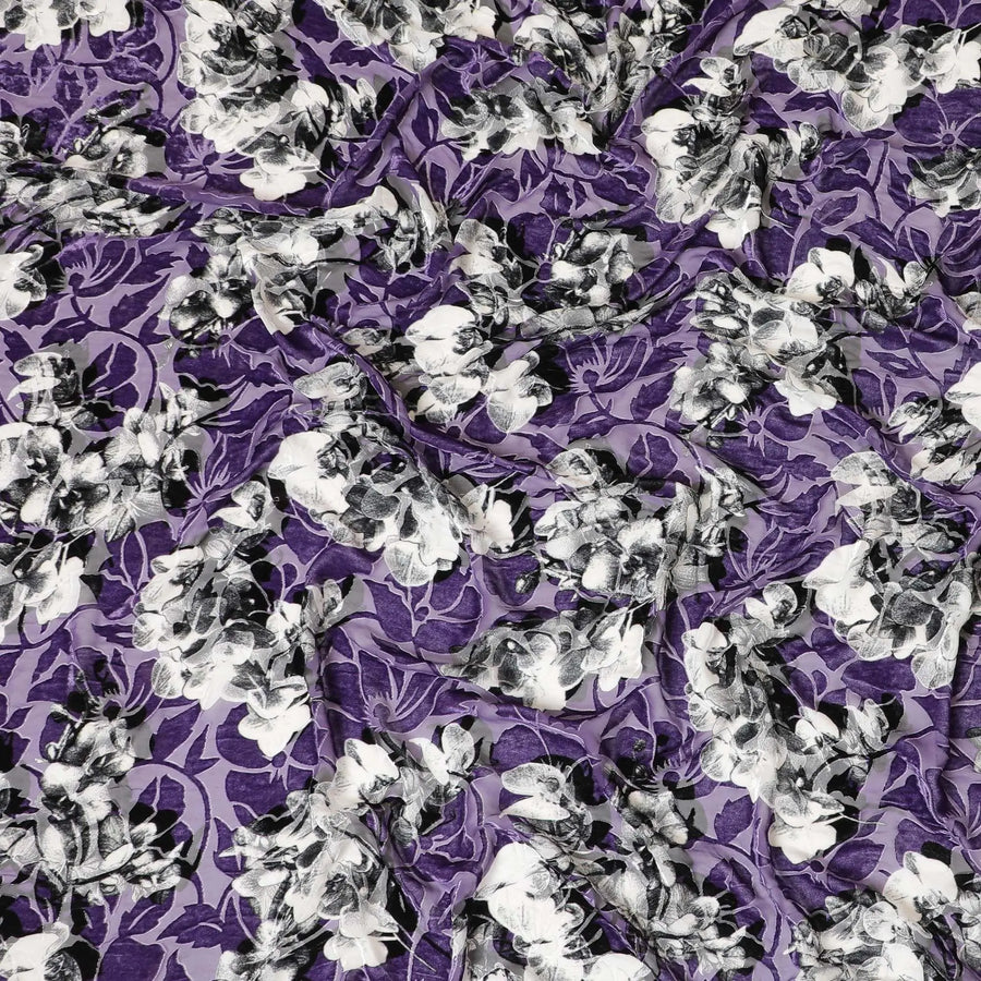Purple Premium Italian silk chiffon dirac (makmal) fabric with black and white print having same tone velvet jacquard in floral design-D8686 Regal Fabrics