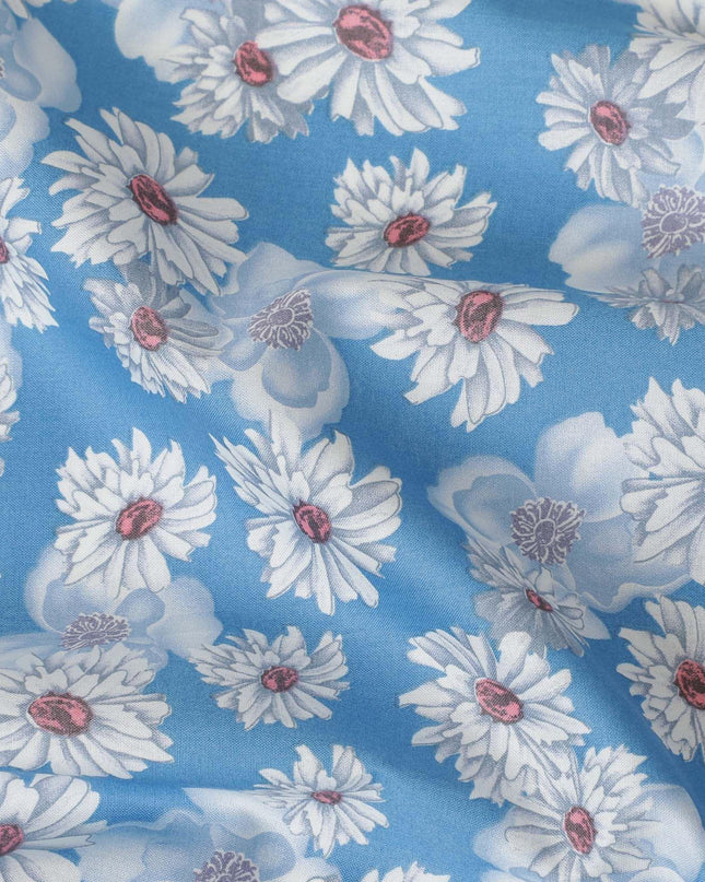Blue cotton lawn fabric with off white, silver grey and powder blue print in floral design-D10849