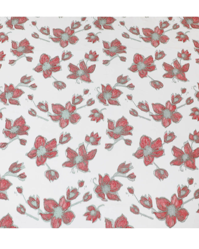 قماش شيفون حريري فرنسي (فرنساوي) فاخر باللون الأبيض الفاتح مع فيسكوز أحمر قرمزي مع زجاجة من اللوريكس المعدني الأخضر بتصميم الأزهار-D14058