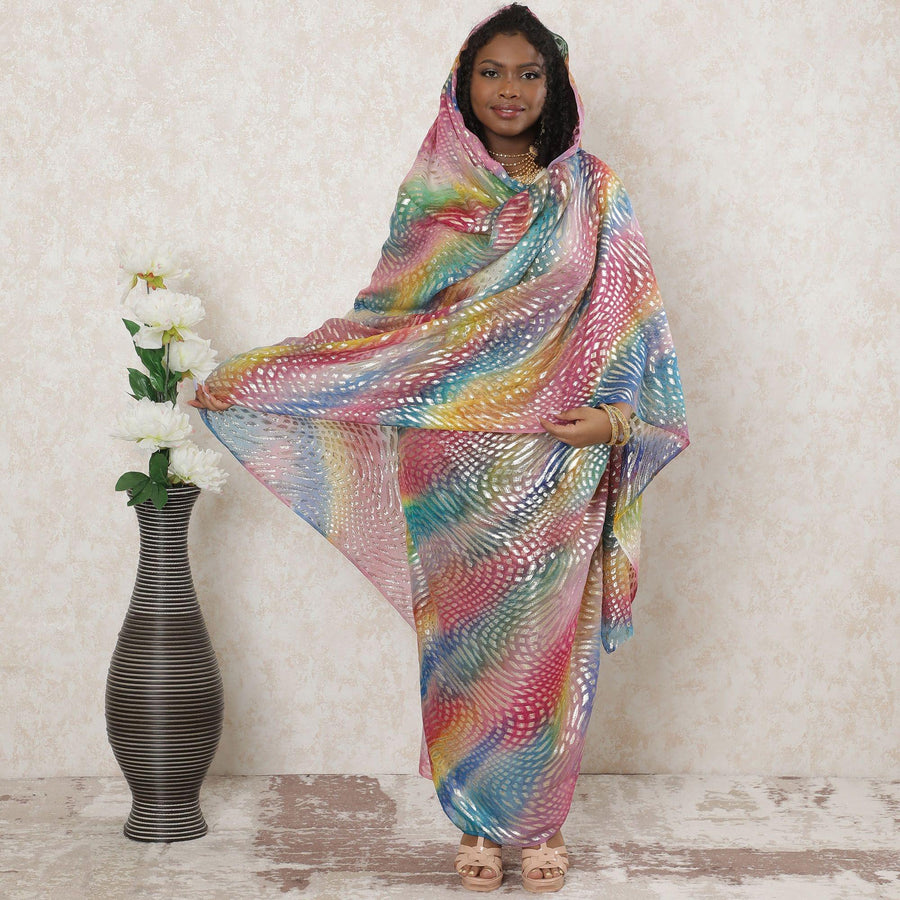 Multicolor Premium pure silk chiffon thobe with gold metallic lurex in abstract design-D14357 Regal Fabrics