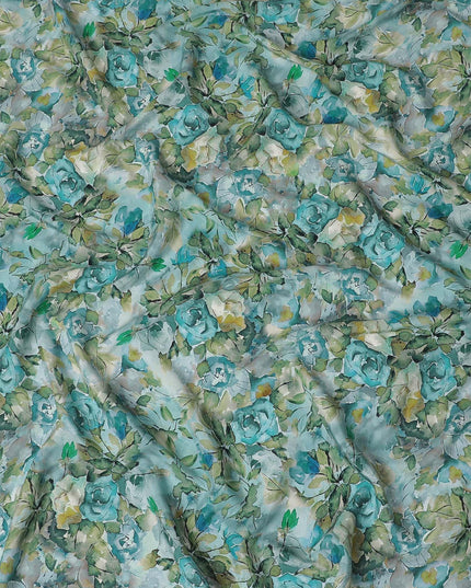 Powder blue viscose crepe fabric with multicolor print in floral design-D15645