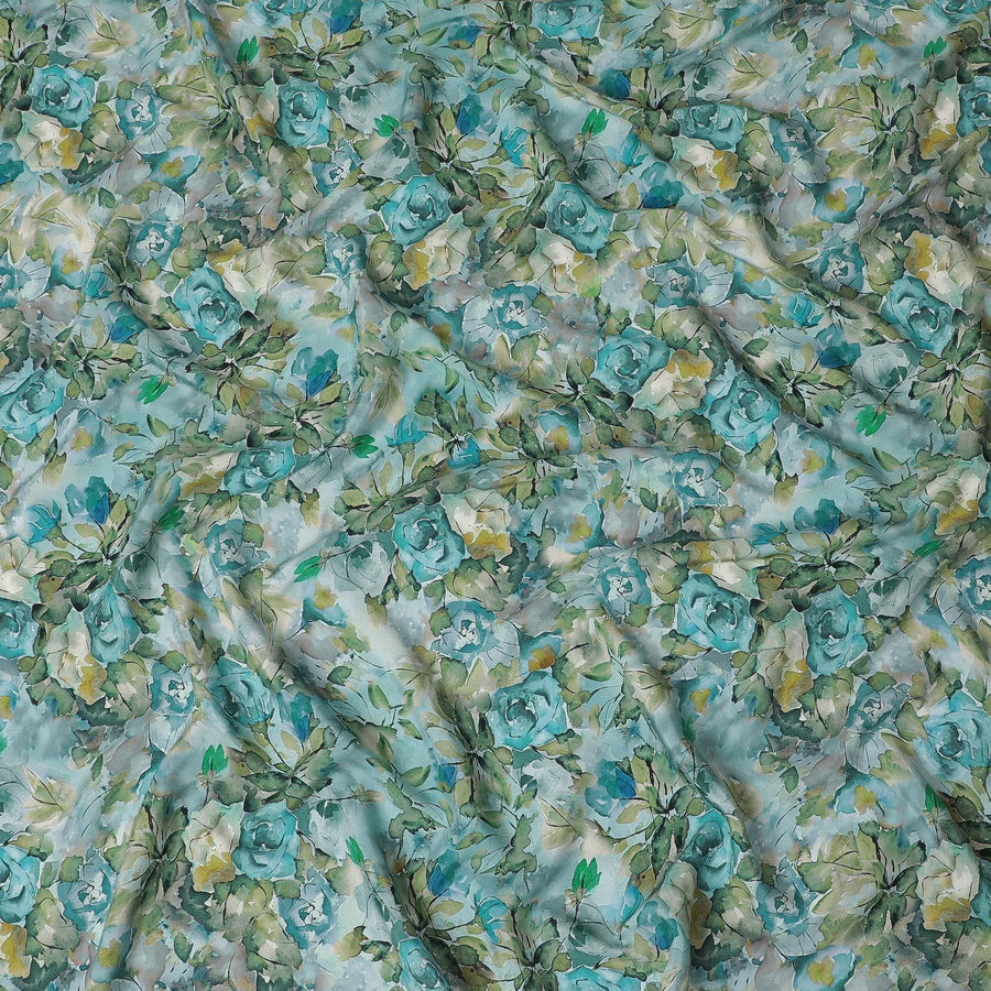 Powder blue viscose crepe fabric with multicolor print in floral design-D15645 Regal Fabrics