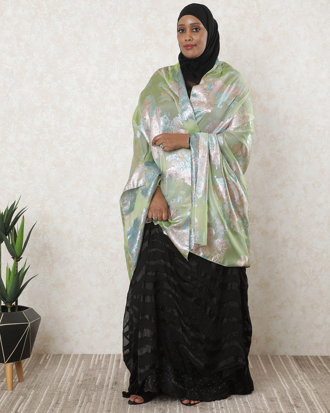 Lime green Premium pure French (Fransawi) silk chiffon garbasaar with baby blue and rose pink metallic lurex in floral design-D11561