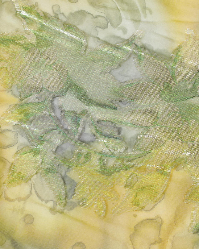 قماش شيفون حريري خالص مطبوع متعدد الألوان مع لوركس معدني ذهبي وفضي بتصميم زهور-D12424