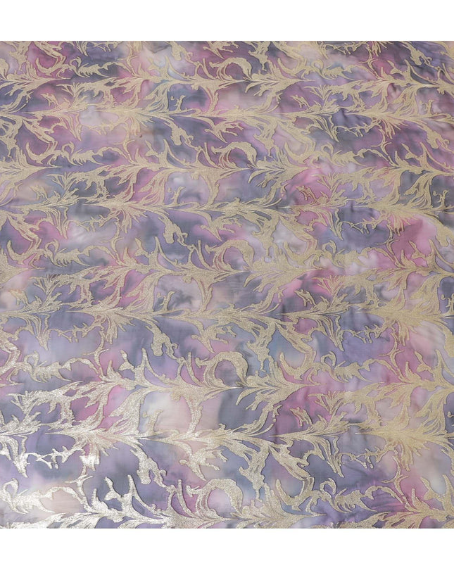 شيفون من الحرير الخالص متعدد الألوان مع لوريكس معدني ذهبي بتصميم أوراق الشجر -D11387