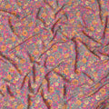 Magenta pink silk crepe fabric with light orange, blue and cream prints in floral design - D9908