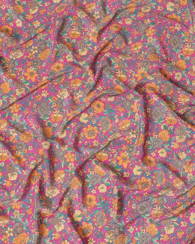 Magenta pink silk crepe fabric with light orange, blue and cream prints in floral design - D9908 Regal Fabrics