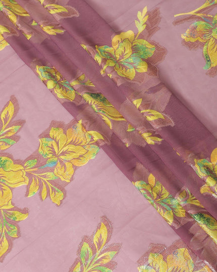 قماش شيفون صناعي مطبوع باللون الوردي كانون مع لوركس معدني متعدد الألوان بتصميم زهور - D9742