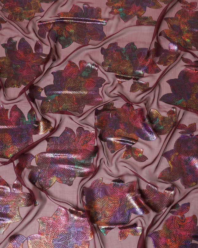 قماش شيفون من الحرير الخالص باللون العنابي الداكن مع لوركس معدني متعدد الألوان بتصميم زهور -D8797