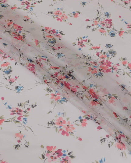 قماش شيفون من الحرير الخالص باللون الرمادي اللؤلؤي مع طباعة متعددة الألوان بتصميم الأزهار-D13224