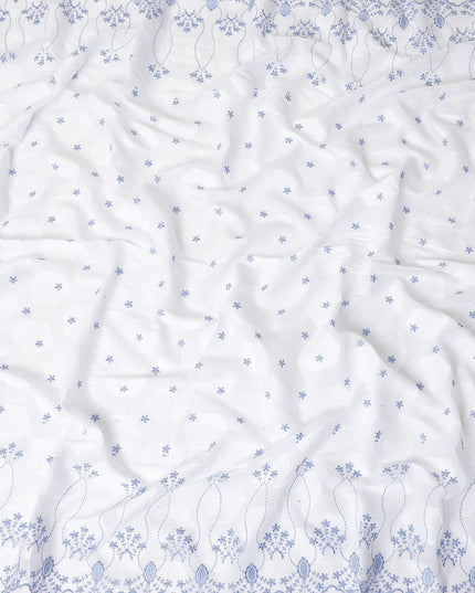 White premium Swiss cotton voile fabric with same tone and baby blue embroidery having stone work in fancy design-D10370