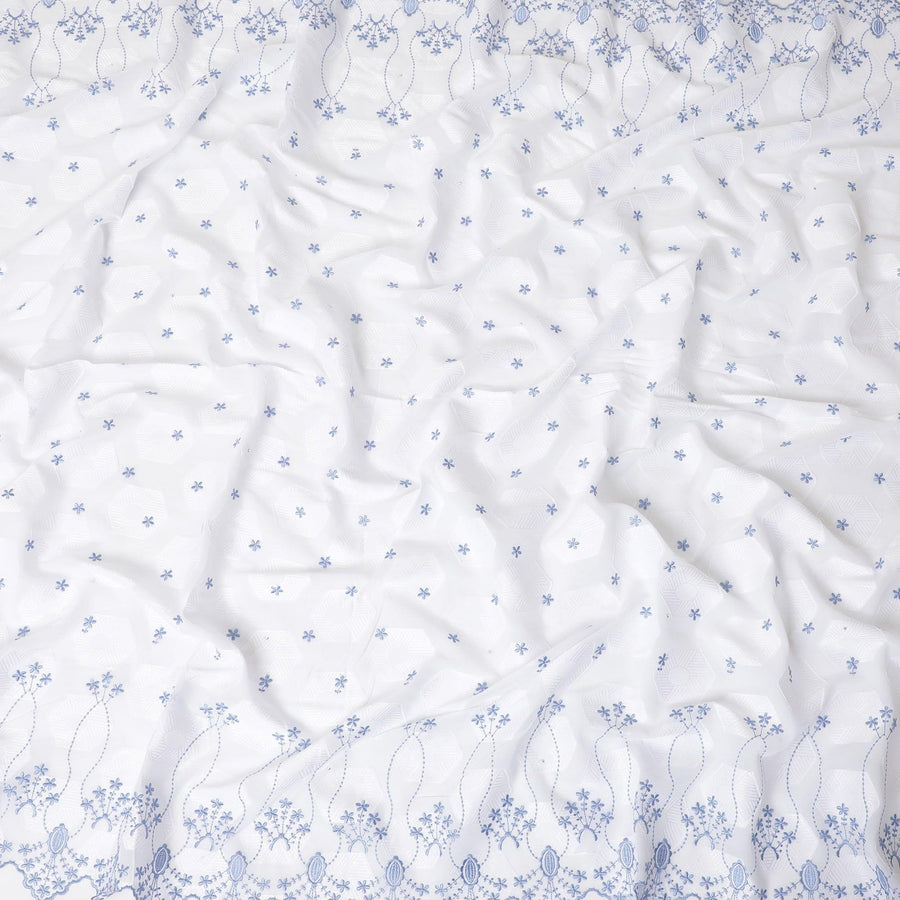 White premium Swiss cotton voile fabric with same tone and baby blue embroidery having stone work in fancy design-D10370