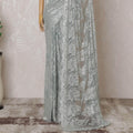 Tea blue, silver Premium pure French metallic chantilly lace saree having stone work in floral design-D14589