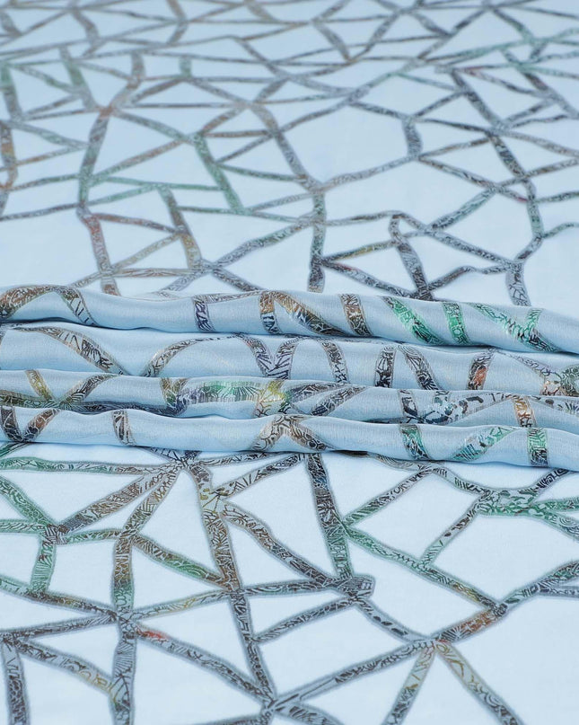 Baby blue Premium pure silk chiffon fabric with multitone metallic lurex in abstract design-D9658