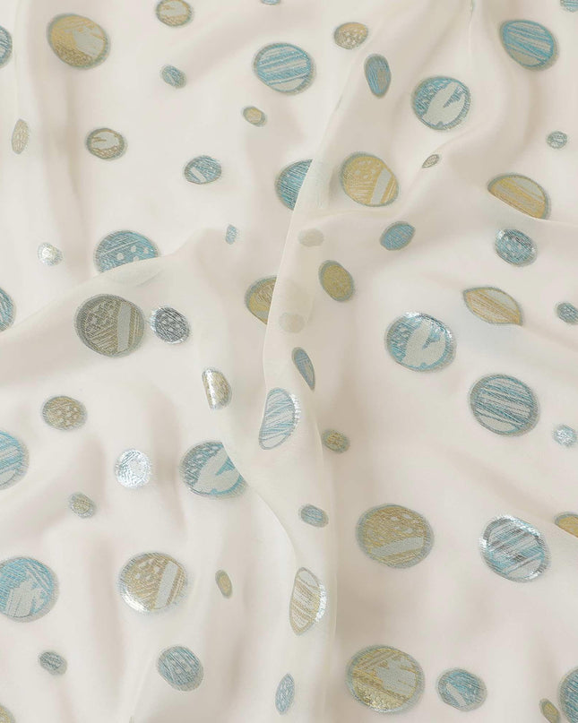 Ivory Premium pure silk chiffon fabric with blue and gold metallic lurex in geometric design-D9115