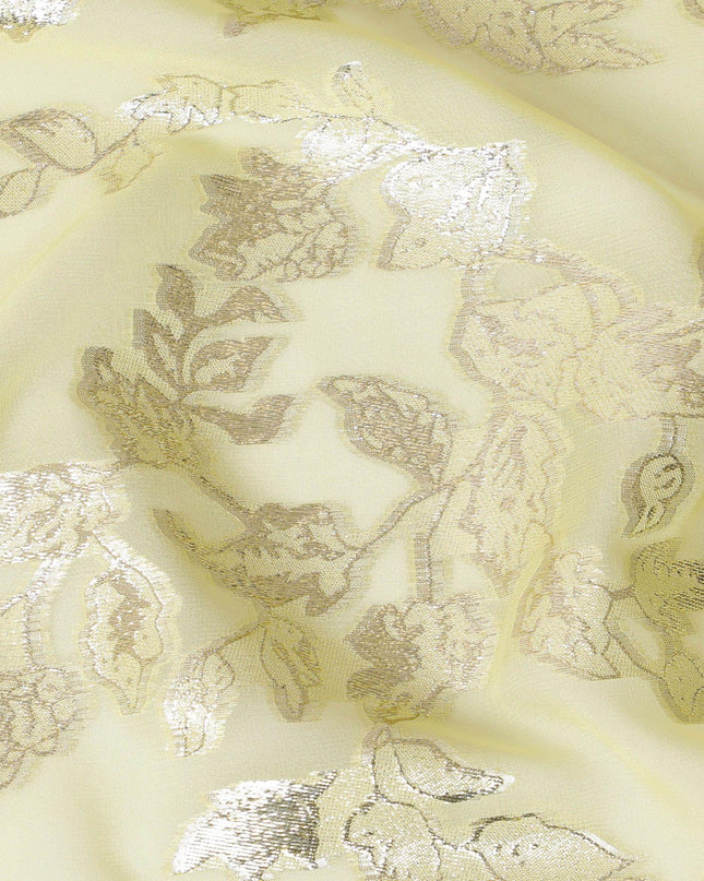 قماش شيفون من الحرير الخالص الفاخر مع زهرة الشمس الصفراء مع لوريكس معدني ذهبي بتصميم أوراق الشجر -D15451