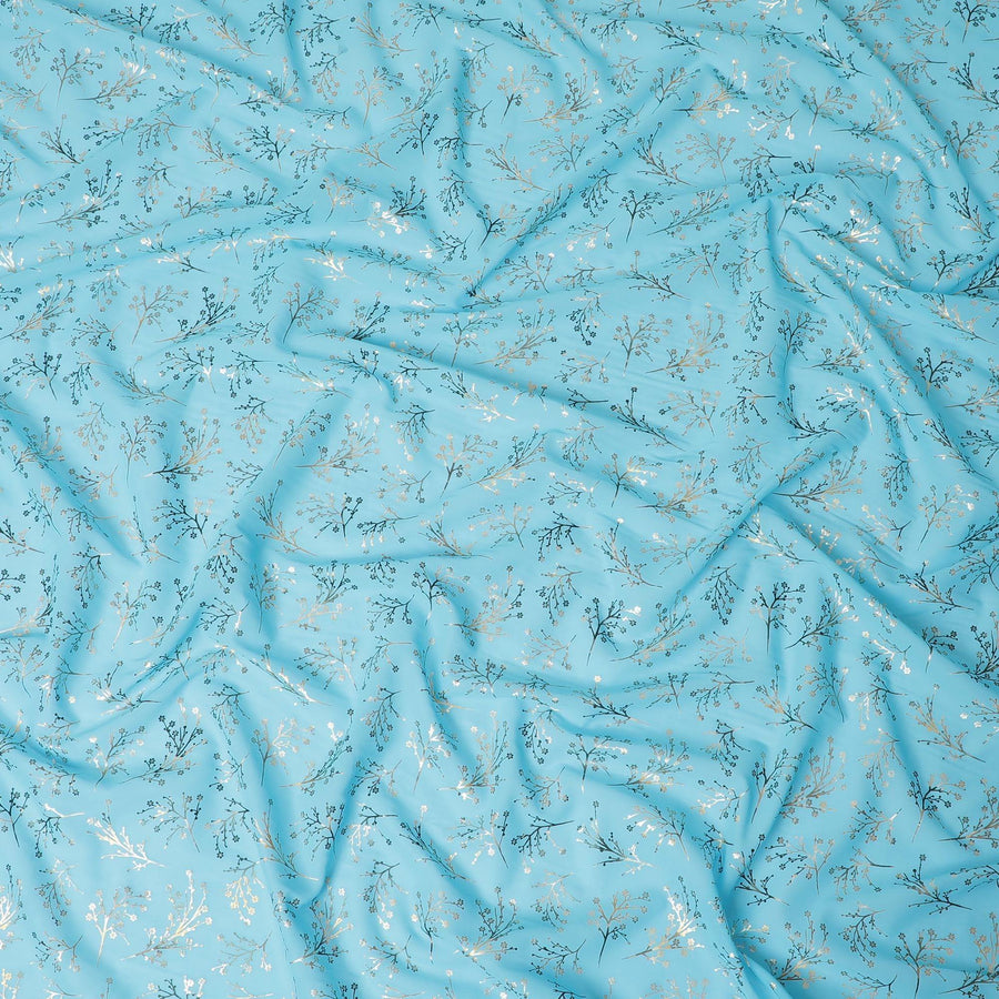Sky blue Premium pure cotton voile fabric with gold and bottle green print in floral design-D13171