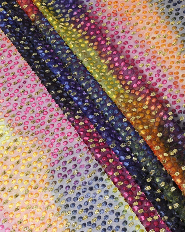 Hand Printed multi coloured Silk Chiffon fabric with gold metallic lurex and velvet in fancy design for Dirac - D9838