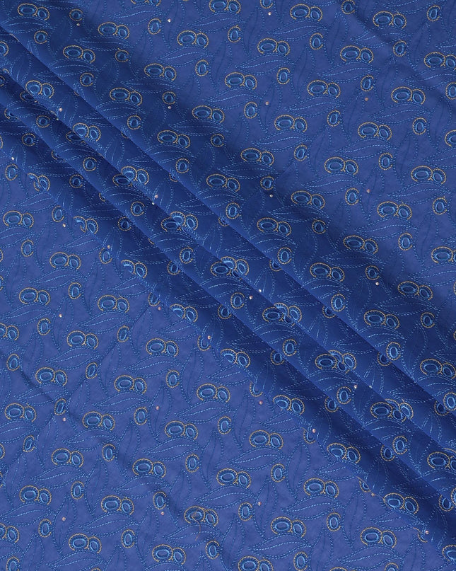 Royal blue Premium pure 100% Swiss cotton voile (Sudanese Thobe) fabric with same tone and gold embroidery having stone work in fancy design-D13796