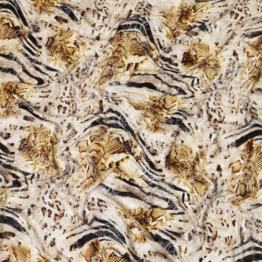 White Premium Italian silk chiffon dirac (makmal) fabric with black and brown print having velvet jacquard in animal skin design-D8687