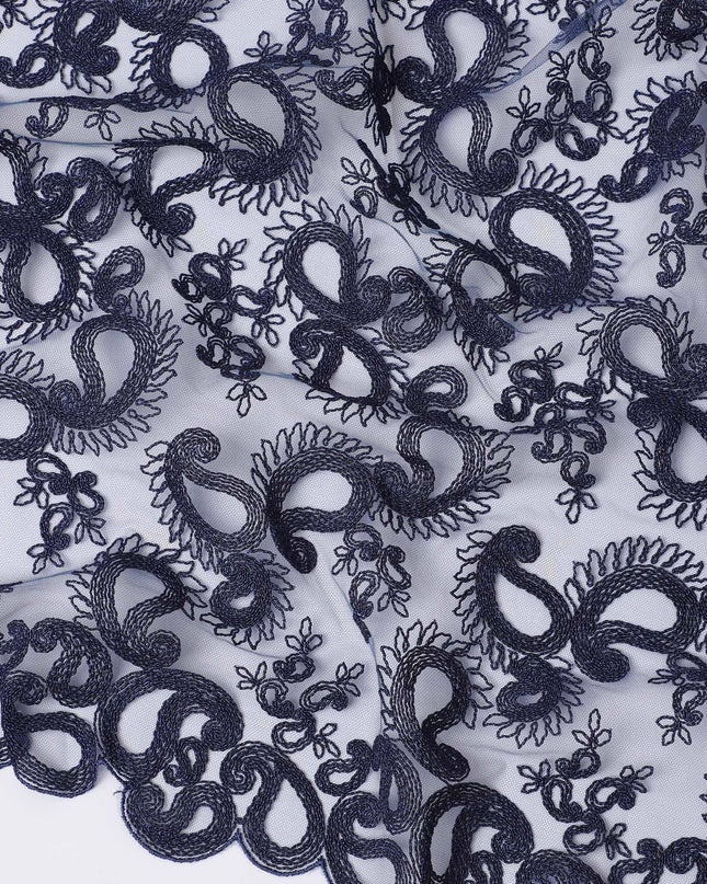 Navy blue nylon tulle fabric with same tone embroidery in paisley design-D11693 Regal Fabrics