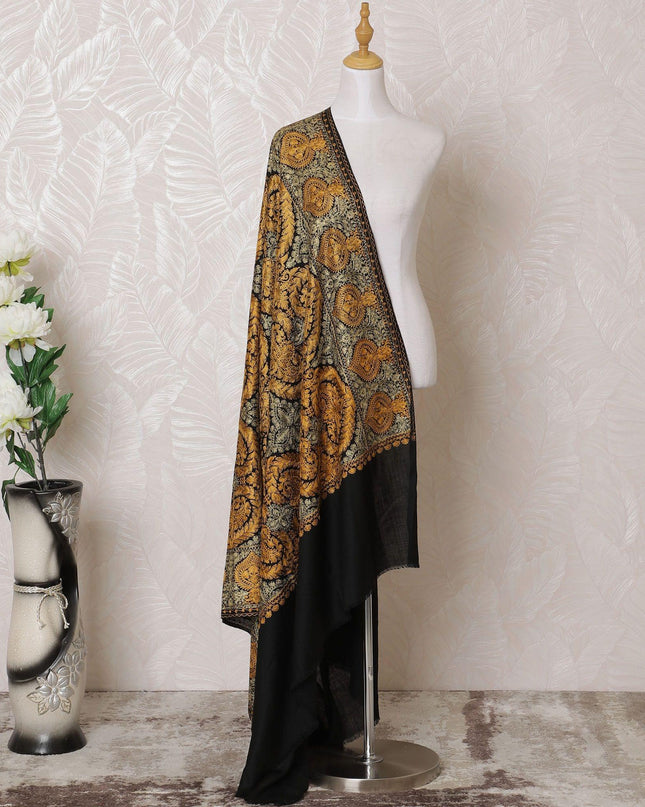 Black Premium pure kashmiri shawl with gold and mustard jacquard in floral design-D14942
