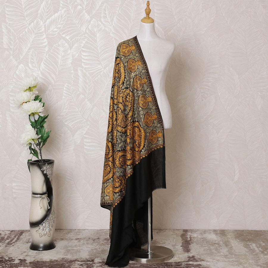 شال كشميري نقي أسود فاخر مع جاكار ذهبي وخردل بتصميم زهور-D14942
