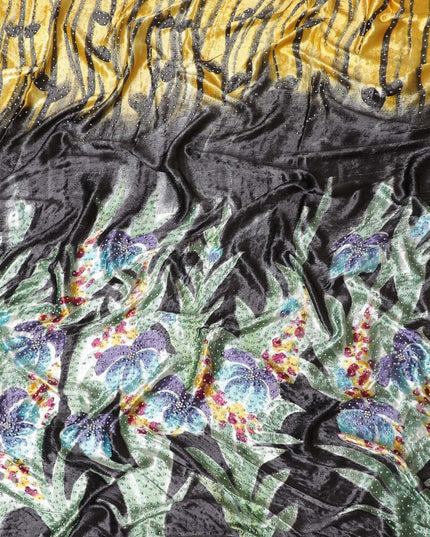 Black silk blended velvet fabric having multicolor print and stone work in floral design-D15174