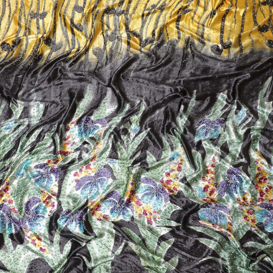Black silk blended velvet fabric having multicolor print and stone work in floral design-D15174