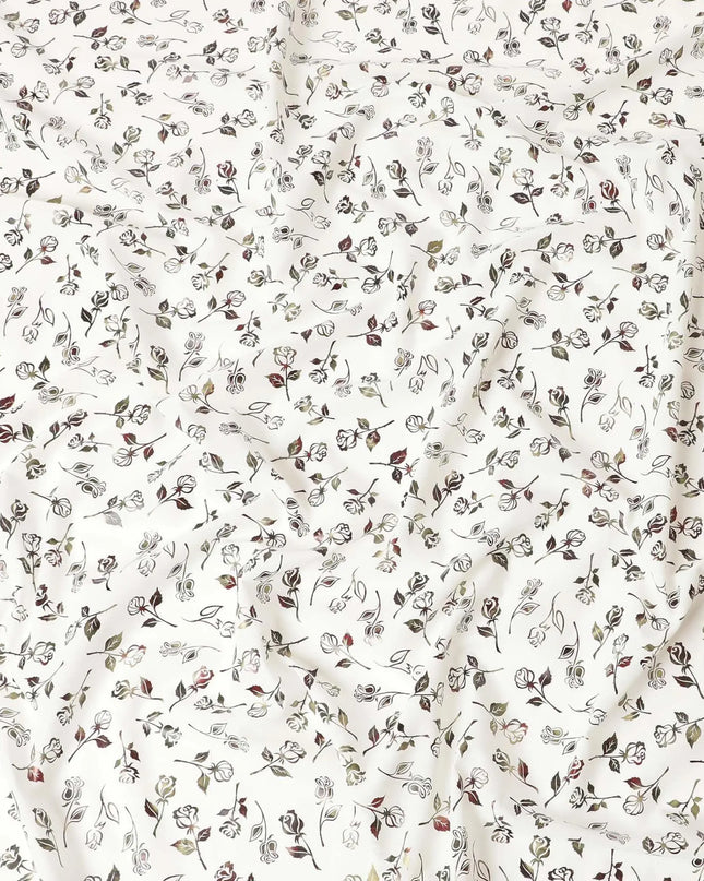 White cotton voile fabric with black and olive green metallic foil print in floral design-D6747 Regal Fabrics