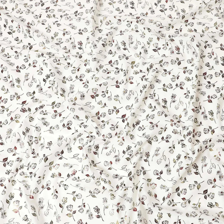 White cotton voile fabric with black and olive green metallic foil print in floral design-D6747 Regal Fabrics