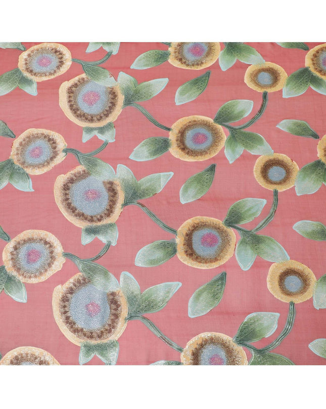 Barn red pure silk chiffon fabric with sage green, light gold and brown print having gold and silver metallic lurex in leaf design-D7475